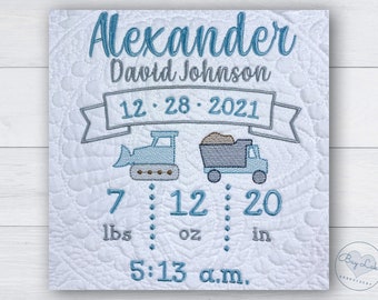 Personalized heirloom baby quilt, Trucks and tractors, Birth announcement, Custom name blanket, Gift for newborn boy