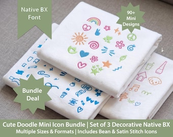 Paquete de mini iconos estilo doodle / Fuente BX nativa / Diseños para bordado a máquina