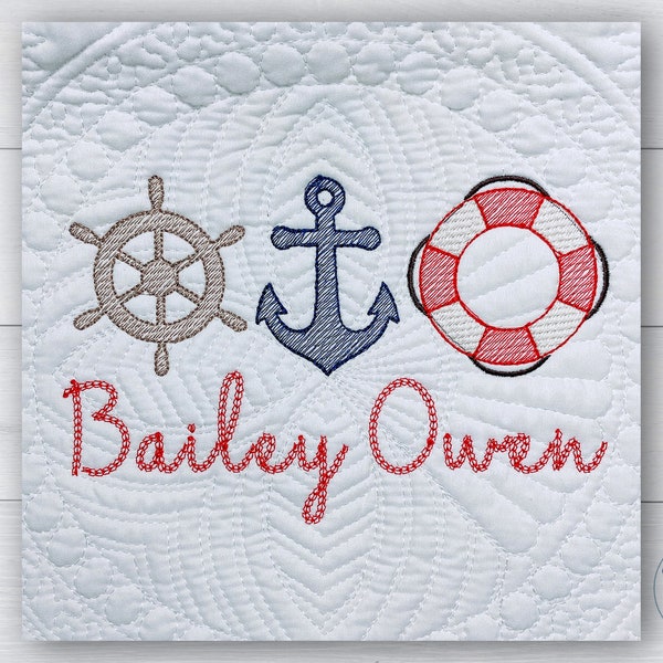 Personalized heirloom baby quilt, Nautical anchor wheel rope lifesaver with baby name, Custom blanket, Gift for newborn infant