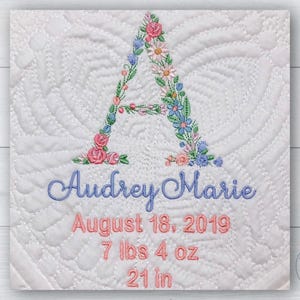 Floral alphabet, Custom baby blanket, Embroidered baby quilt, Personalized monogram baby blanket,  Birth announcement, New baby gift