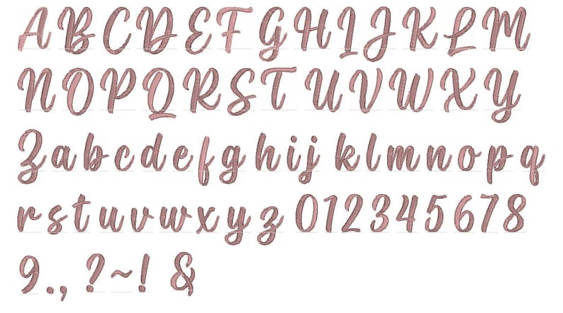 May include: A full alphabet and number set in a flowing, cursive script. The letters and numbers are in a soft, muted rose colour, with a slight shadow effect. Includes uppercase, lowercase, numbers, and symbols.
