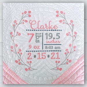 Delicate cherry blossom wreath, Custom baby blanket, Embroidered baby quilt, Personalized baby blanket, Birth announcement, New baby gift
