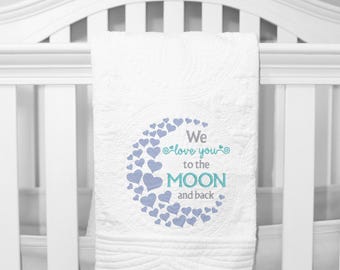 We love you to the moon and back, Moon and Hearts machine embroidery design, 2 sizes, Formats dst exp hus jef pes vp3 xxx, instant download