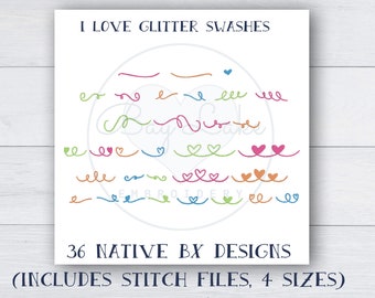 Decorative embroidery designs 36 bonus I Love Glitter hearts swash Machine embroidery digital design native BX font  PES DST stitch files