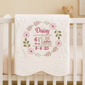 May include: A white quilted baby blanket with a floral wreath design. The blanket features the name "Daisy" in pink, along with birth details: 6 lbs, 20 inches, 10 oz, and the date 8-6-20.