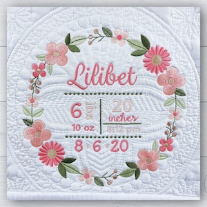 Boho floral wreath, Custom baby blanket, Embroidered baby quilt, Personalized baby blanket, Birth announcement, New baby gift