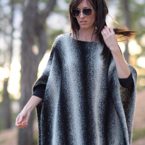 Easy Knit Poncho Pattern, Aspen Relaxed Knit Poncho Pattern, Easy Knitting Pattern, Black & White Knitting Pattern, Beginner Knit Poncho