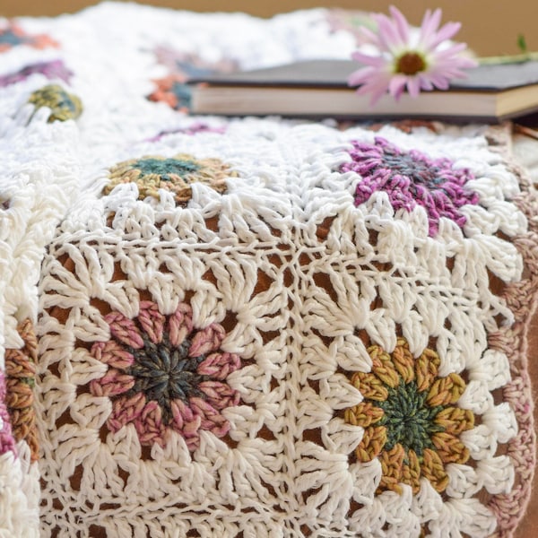 Meadow Flowers Blanket Crochet Pattern, Flower Granny Square Crochet Blanket, Easy Flower Granny Squares Blanket