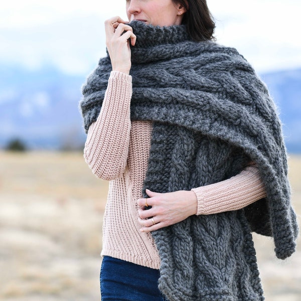 Easy Winding Cables Wrap Knitting Pattern, Chunky Shawl Knitting Pattern, Cable Knit Super Scarf Pattern, Grey Knitting Pattern