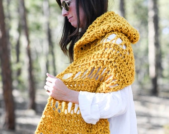 Hooded Scarf Crochet Pattern, Sun Kissed Hooded Wrap Crochet Pattern, Chunky Shawl Pattern, Shawl With Hood