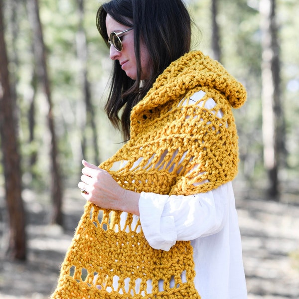 Hooded Scarf Crochet Pattern, Sun Kissed Hooded Wrap Crochet Pattern, Chunky Shawl Pattern, Shawl With Hood