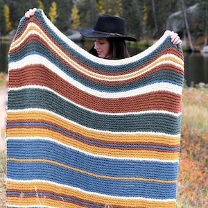May include: A striped knitted throw blanket in shades of brown, blue, white, and yellow. The blanket is being held up by a person wearing a black hat.
