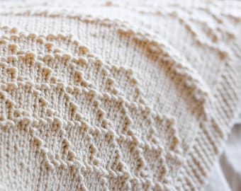 May include: A close-up of a cream-colored knitted throw blanket with a textured pattern. The blanket is folded and draped over a white surface.