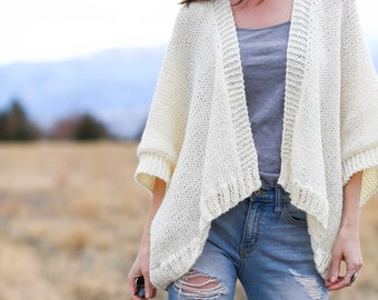 Breckenridge Knit Topper Pattern, Collared Shawl Cardigan Knitting Pattern, Cream Sweater Beginner Pattern, Easy Knit Top, Modern