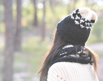 Modèle de tricot de chapeau scandinave, modèle de tricot de chapeau Fair Isle débutant, modèle de chapeau en tricot facile, modèle de chapeau noir, bonnet en tricot Colorwork