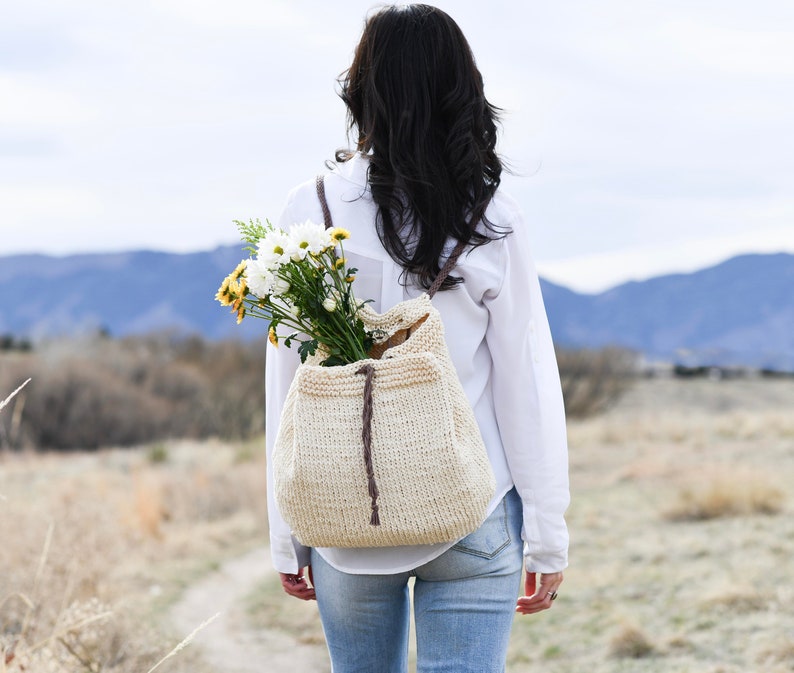 Backpack Knitting Pattern, Easy Drawstring Knit Bag Pattern, Straw-Like Backpack Knitting Pattern, Cotton Bag Knit Pattern image 1