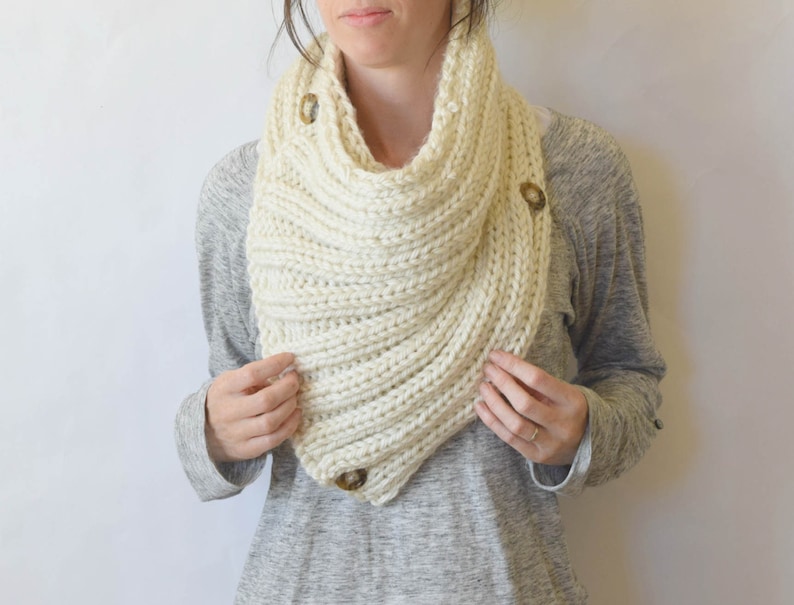 Giant Knit Cowl, Big Knit Scarf, Cream Knit Scar, Bulky Knit Cowl Pattern, Easy Knit Scarf Pattern, Big Knits Pattern image 1