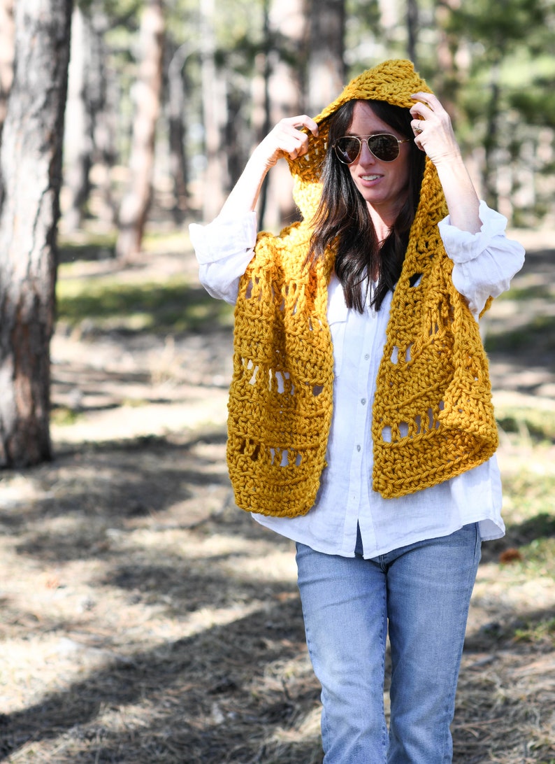 Hooded Scarf Crochet Pattern, Sun Kissed Hooded Wrap Crochet Pattern, Chunky Shawl Pattern, Shawl With Hood image 3