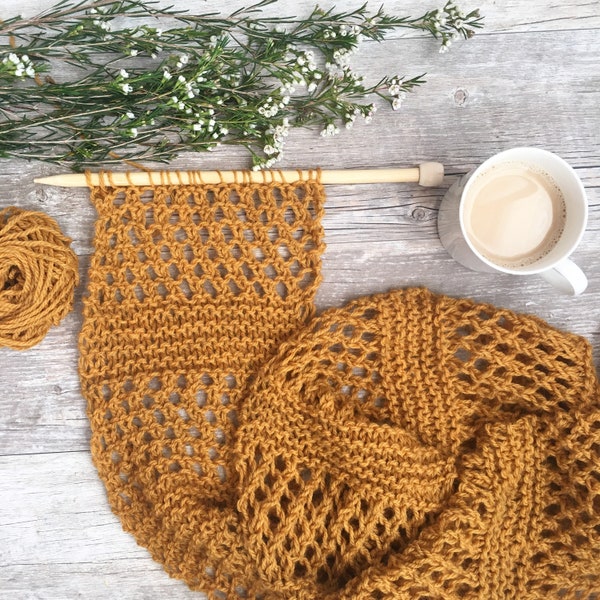Écharpe en tricot d’été, modèle d’écharpe en tricot nid d’abeilles, écharpe en tricot de printemps, modèle d’écharpe en tricot facile, écharpe en tricot jaune, écharpe en maille pour débutant