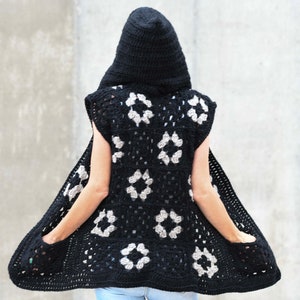 Hooded Granny Vest Crochet Pattern, Granny Square Sweater Pattern, Black Crochet Hoodie Pattern, Vest Pattern, image 2