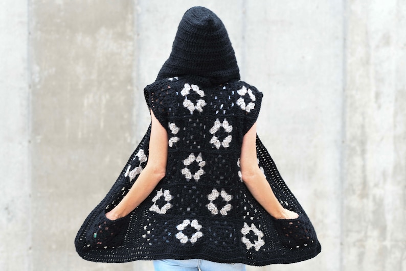 Hooded Granny Vest Crochet Pattern, Granny Square Sweater Pattern, Black Crochet Hoodie Pattern, Vest Pattern, image 2