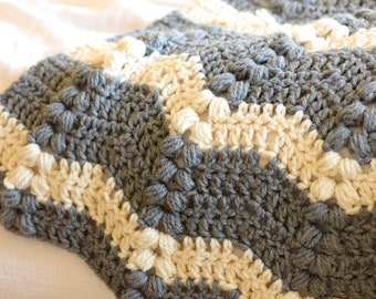 Vintage Lola Throw Blanket, Ripple Cluster Throw Blanket Crochet Pattern, Bobbles, Chevron, Grey, Cream, Modern, Chunky