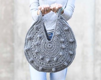 Bobbles Circle Tote Crochet Pattern, Circle Bag Crochet Pattern, Grey Tote Modern Crocheted Bag, Pretty Crocheted Purse Pattern