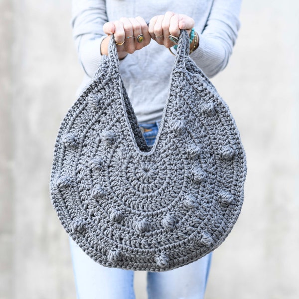 Bobbles Circle Tote haakpatroon, cirkeltas haakpatroon, grijze Tote moderne gehaakte tas, mooie gehaakte taspatroon