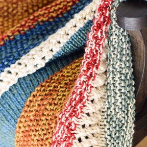 Pu&ograve; includere: Una coperta di maglia a righe con un bordo rosso, bianco e blu. La coperta &egrave; realizzata con filati di diversi colori, tra cui blu, verde, marrone e bianco.