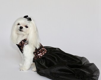 Handmade Black Taffeta Dog Ball Gown, Gold Sequin Couture