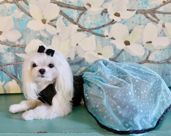 Handmade Dog Ball Gown, Black Taffeta and Teal Glitter, Pet Couture