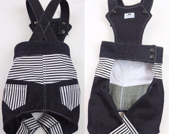 Denim Dog Overalls, Striped Accents, Handmade Puppy Jeans
