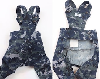 Handmade Denim Dog Overalls, Camouflage Puppy Jeans