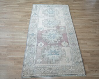 Hand Knotted Oushak Wool Rug, Pastel Blue Pink Vintage Style Area Rug