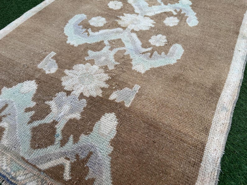 Muted Turkish Runner, Brown Blue Hallway Runner Rug, Organic Bedroom