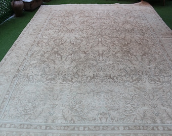 Large Vintage Oushak Wool Rug 9x12: Muted Turkish Area Rug