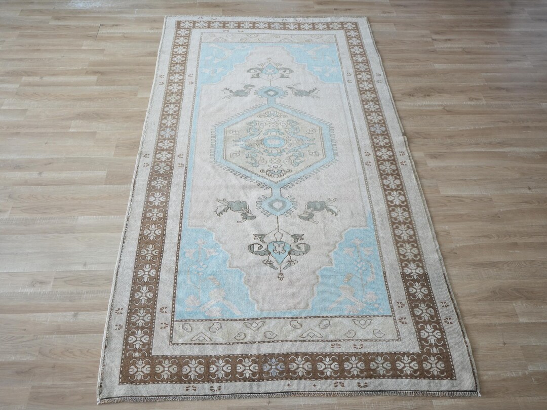 Vintage Oushak Rug, Muted Blue Hand-knotted Wool, 4'4