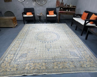 Antiek Turks Oushak-vloerkleed 8 x 10: groot blauw wollen vloerkleed