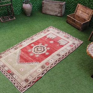 Vintage Turkish Area Rug, Handmade Wool Kilim Runner, Bohemian Tribal Design, Antique Red Turkish Rug, Unique Boho Decor-No 384