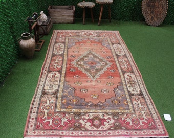 Pastel Vintage Oushak Rug: Handmade Turkish Wool Rug