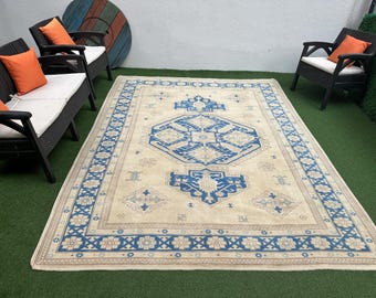 Alfombra turca azul: Alfombra Oushak vintage de lana tejida a mano de 8x10