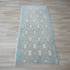 3x7 Oushak Rug, 2'9"x6'7 Vintage Turkish Runner, Muted Blue and Beige Wool Rug, Hand Knotted Small Area Rug, Entryway Decor,Boho Kitchen Rug