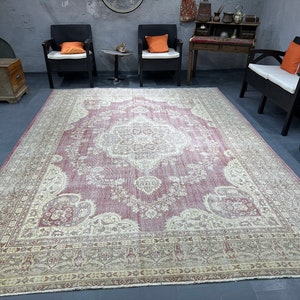 8x10 Oushak Rug, Large Turkish Rug, 8x10 Turkish Rug, Pink Vintage Rug, Pink Turkish Rug, Large Oushak Rug, Living Room Rug, 5603