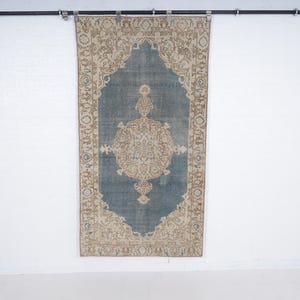 Vintage Turkish Area Rug, Handmade Wool Kilim Runner, Bohemian Tribal Design, Antique Blue Turkish Rug, Unique Boho Decor-No 1848
