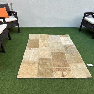 4x6 Vintage Hanmade Patchwark Rug Beige Brown Gray Kids Bedroom Entry Kitchen Home Decor Oushak Rug 4'4''x5'8'' ft No 2445