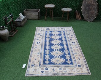 トルコ産　ハンドメイドウールカーペット（手織り） トルコ製ウールラグ：ヴィンテージ手織りブルーカーペット（9.5 x 6.2