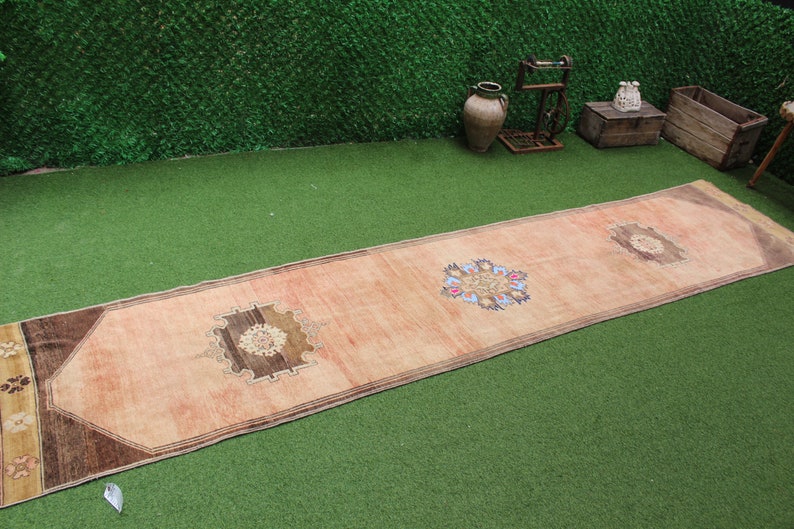 Long Oushak Runner, Turksh Runner Rug, Pink Oushak Runner, 14 Foot