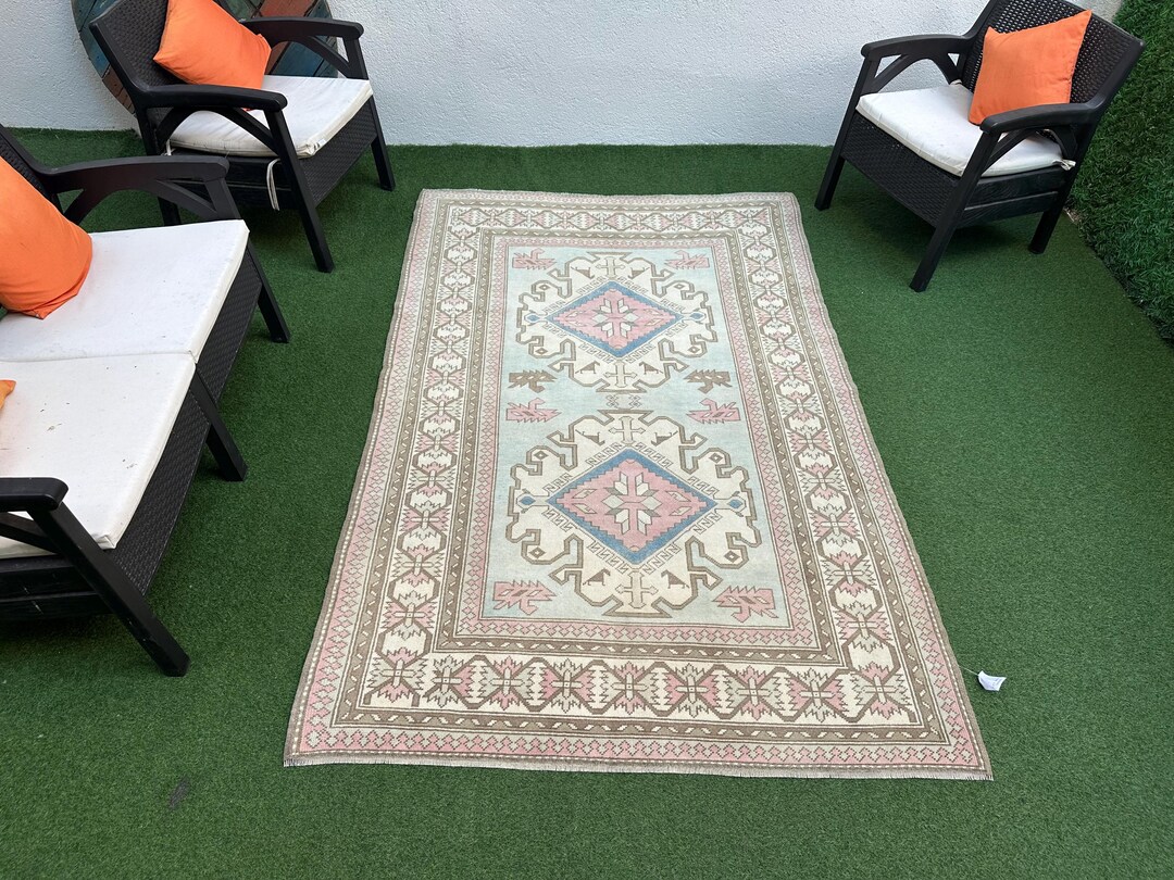 Vintage Turkish Wool Rug 5x8: Pale Blue, Pink Oriental Rug - Etsy