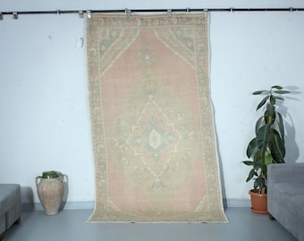 Vintage Pink Oushak Rug: Hand-Knotted Turkish Wool Area Rug (4'3x8'2 feet)