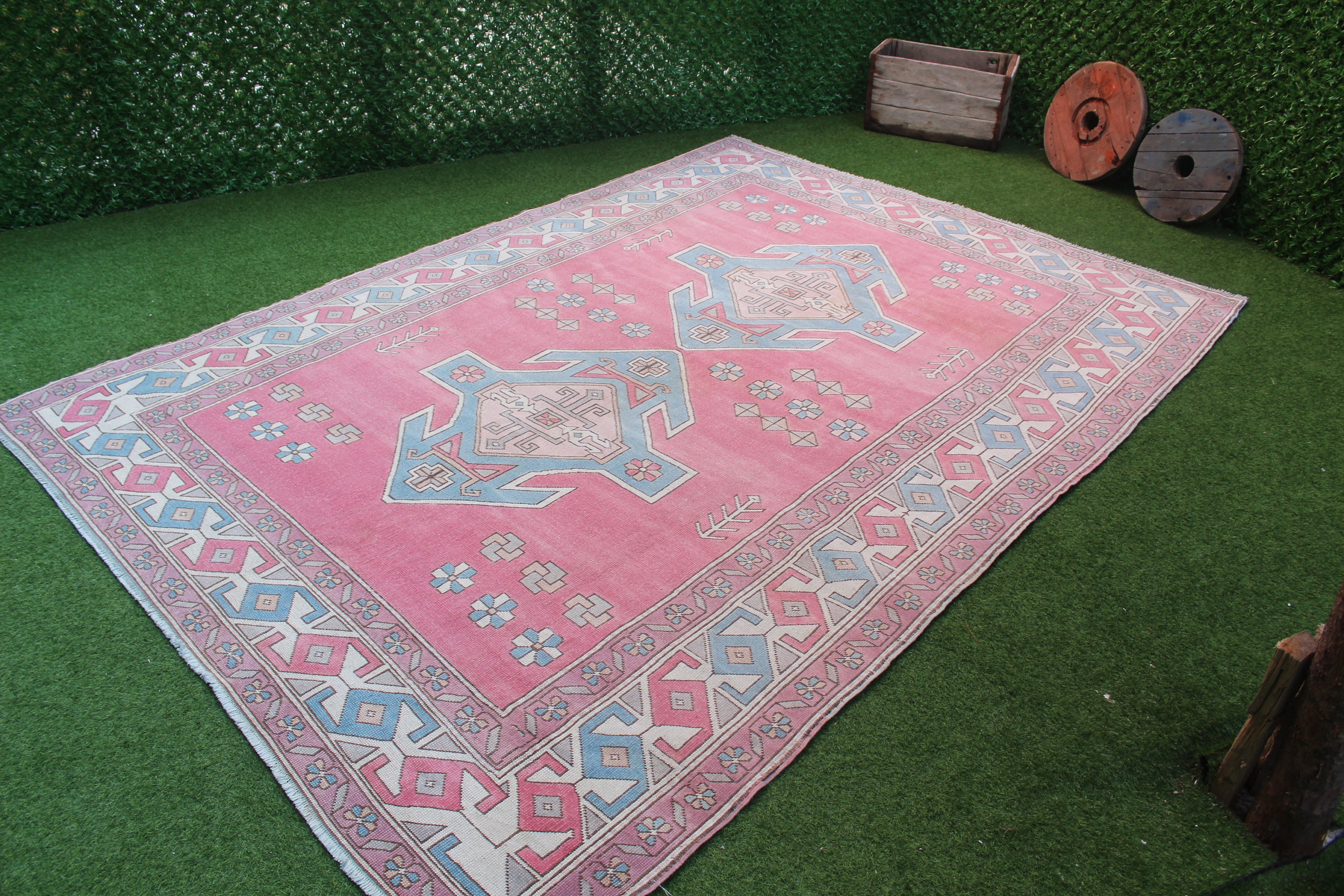 Pink and Blue Large Oushak Rug Hand Knotted Wool Turkish Etsy